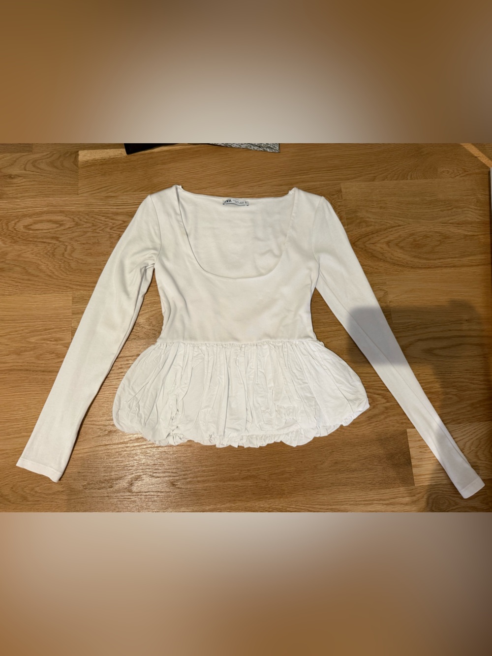 Zara White Long-Sleeve Peplum Scoop Neck Top